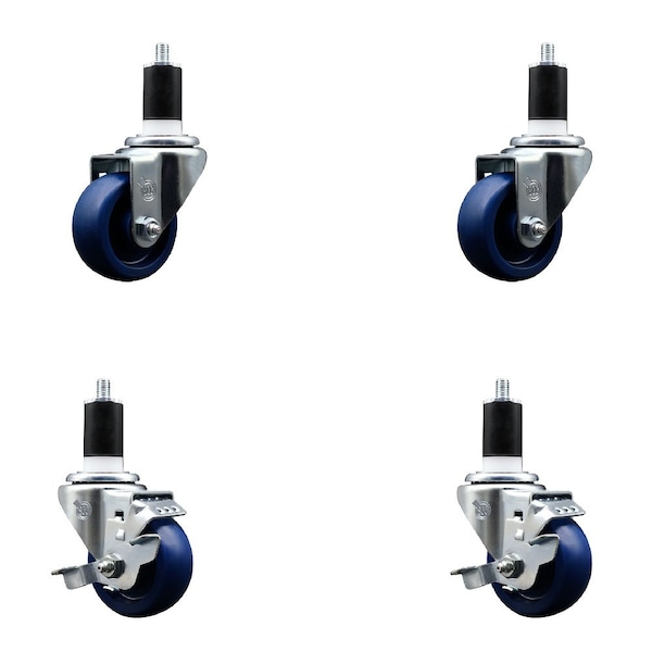 3'' Solid Poly Wheel Swivel 1-1/2'' Expanding Stem Caster Set 2 Brakes, 4PK
